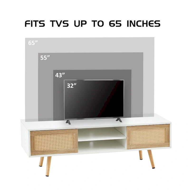 55.12 TV Stand with Double Sliding Doors, Solid Wood Legs and Adjustable Shelf for Living Room