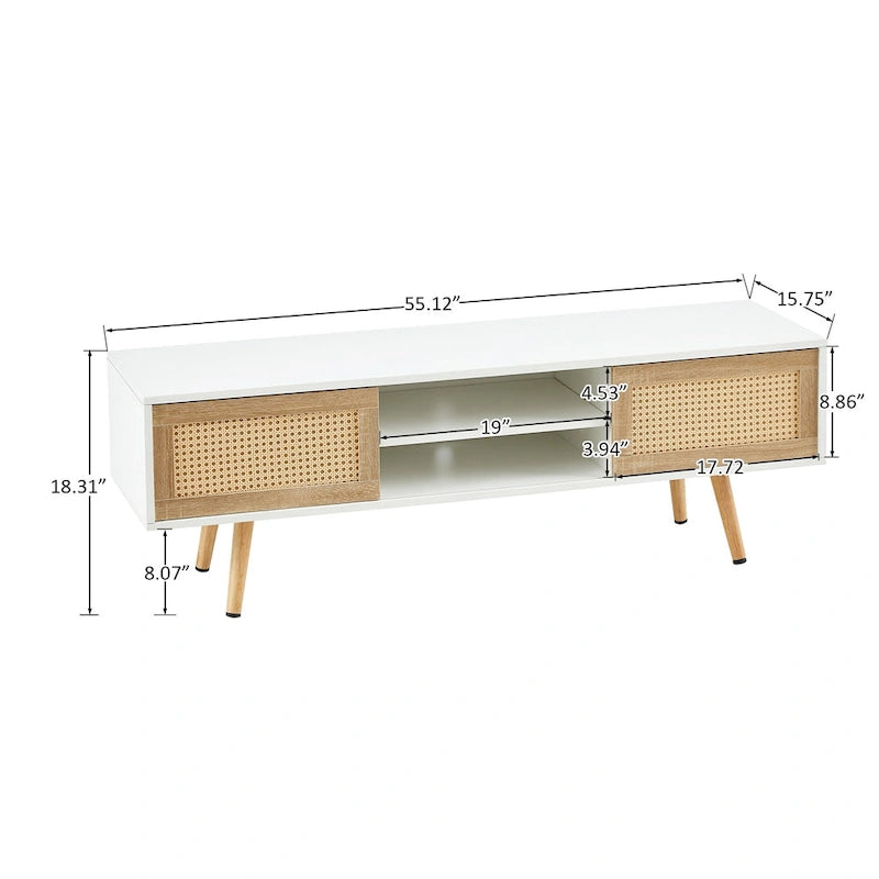 55.12 TV Stand with Double Sliding Doors, Solid Wood Legs and Adjustable Shelf for Living Room