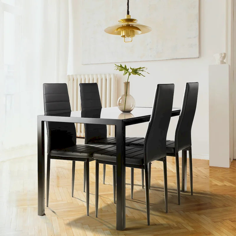 Modern 5-Piece Dining Set with Rectangular Tempered Glass Table & 4 High Back Upholstered Chairs