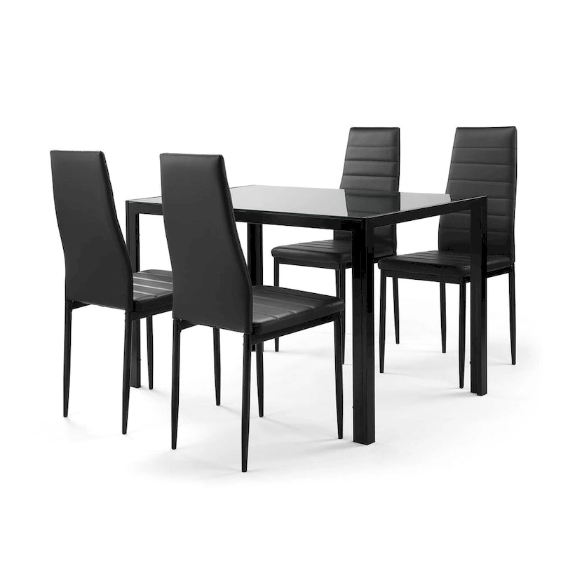 Modern 5-Piece Dining Set with Rectangular Tempered Glass Table & 4 High Back Upholstered Chairs