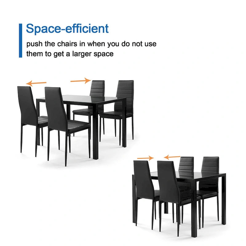 Modern 5-Piece Dining Set with Rectangular Tempered Glass Table & 4 High Back Upholstered Chairs