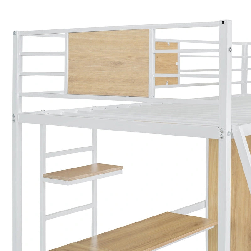 White Twin Size Metal Wood Loft bed with L-shape Desk, Wardrobe, Fence and Ladder