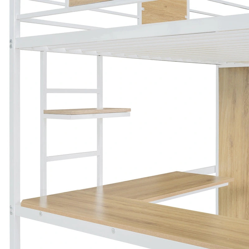 White Twin Size Metal Wood Loft bed with L-shape Desk, Wardrobe, Fence and Ladder