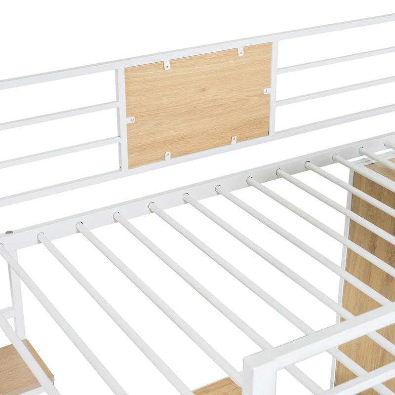 White Twin Size Metal Wood Loft bed with L-shape Desk, Wardrobe, Fence and Ladder