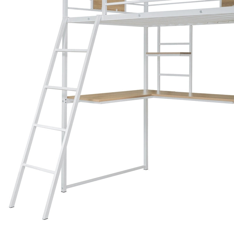 White Twin Size Metal Wood Loft bed with L-shape Desk, Wardrobe, Fence and Ladder