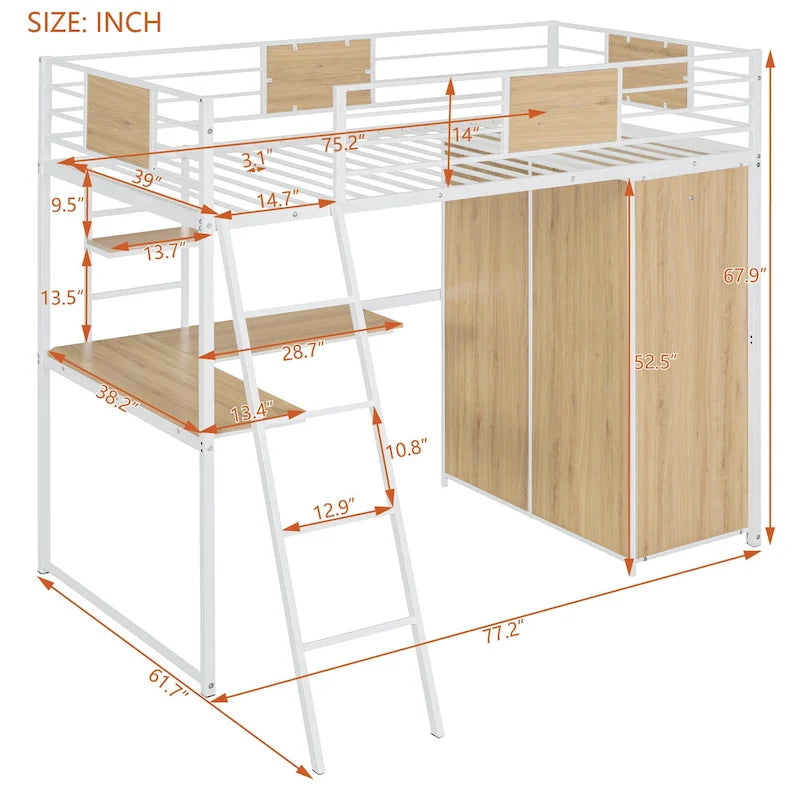 White Twin Size Metal Wood Loft bed with L-shape Desk, Wardrobe, Fence and Ladder