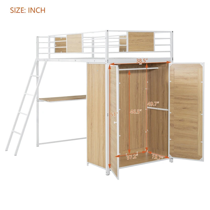 White Twin Size Metal Wood Loft bed with L-shape Desk, Wardrobe, Fence and Ladder