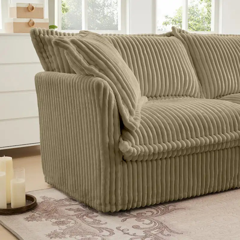 Corduroy Slipcovered L-Shaped Sectional Sofa with Deep Seats, 4-Seater Couch with Supple Armrests and 2 Big Pillows