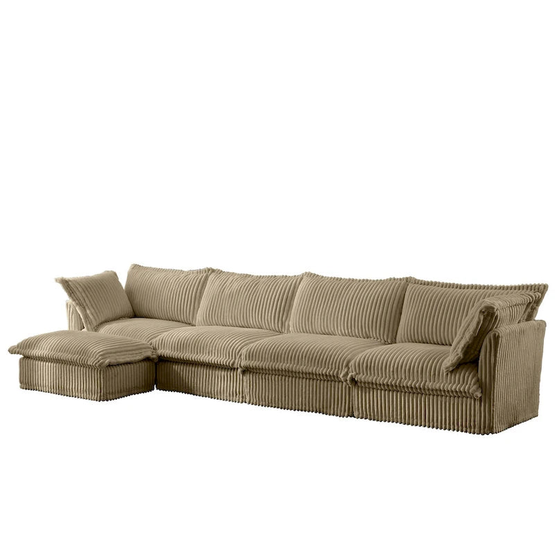 Corduroy Slipcovered L-Shaped Sectional Sofa with Deep Seats, 4-Seater Couch with Supple Armrests and 2 Big Pillows