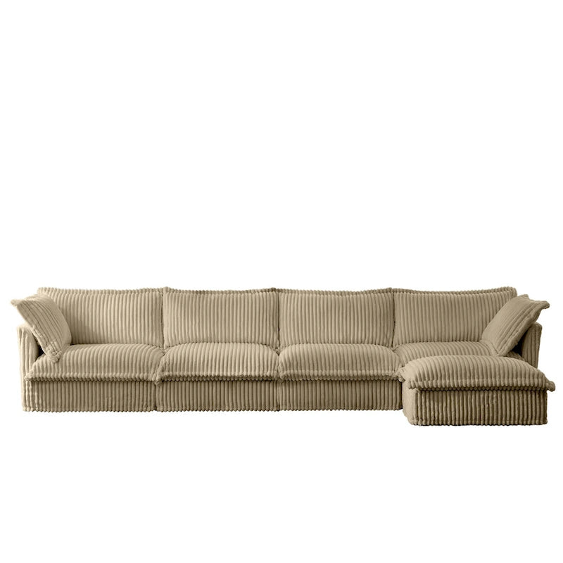 Corduroy Slipcovered L-Shaped Sectional Sofa with Deep Seats, 4-Seater Couch with Supple Armrests and 2 Big Pillows