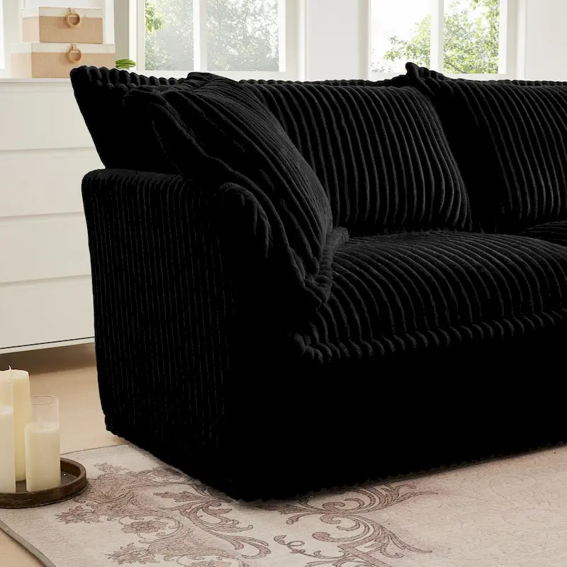 Corduroy Slipcovered L-Shaped Sectional Sofa with Deep Seats, 4-Seater Couch with Supple Armrests and 2 Big Pillows
