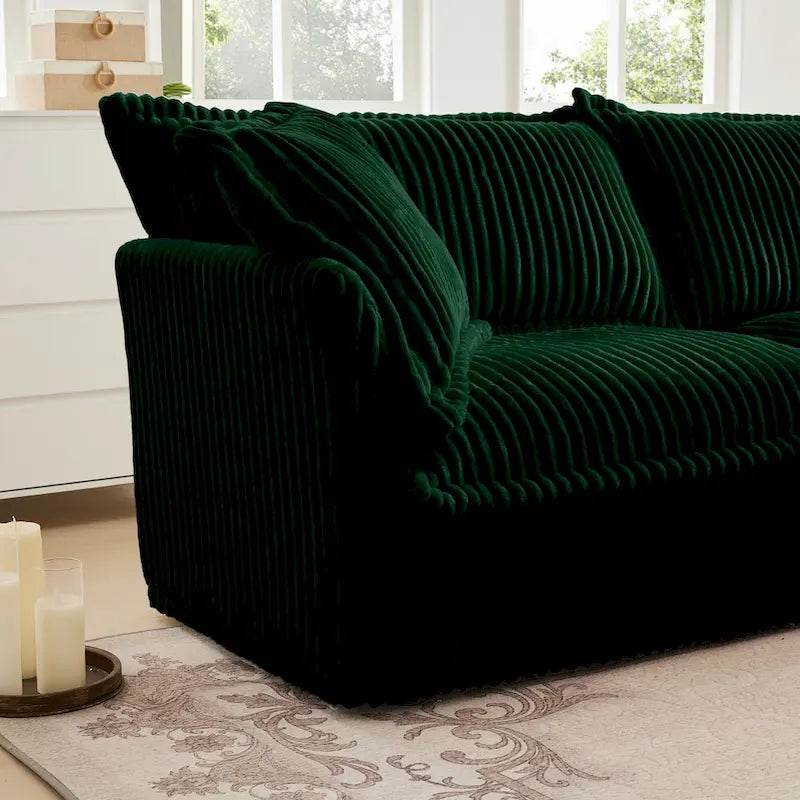 Corduroy Slipcovered L-Shaped Sectional Sofa with Deep Seats, 4-Seater Couch with Supple Armrests and 2 Big Pillows