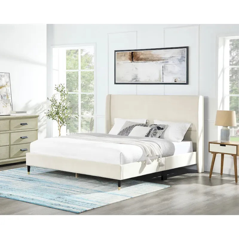 Beige Queen Size Style Platform Bed with Wingback Velvet Headboard