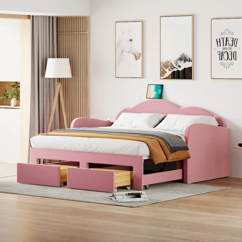 Twin Cloud Velvet Daybed with Trundle, Drawers, and USB