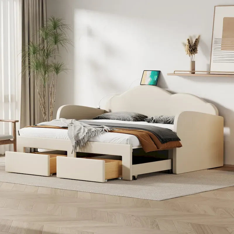 Twin Cloud Velvet Daybed with Trundle, Drawers, and USB