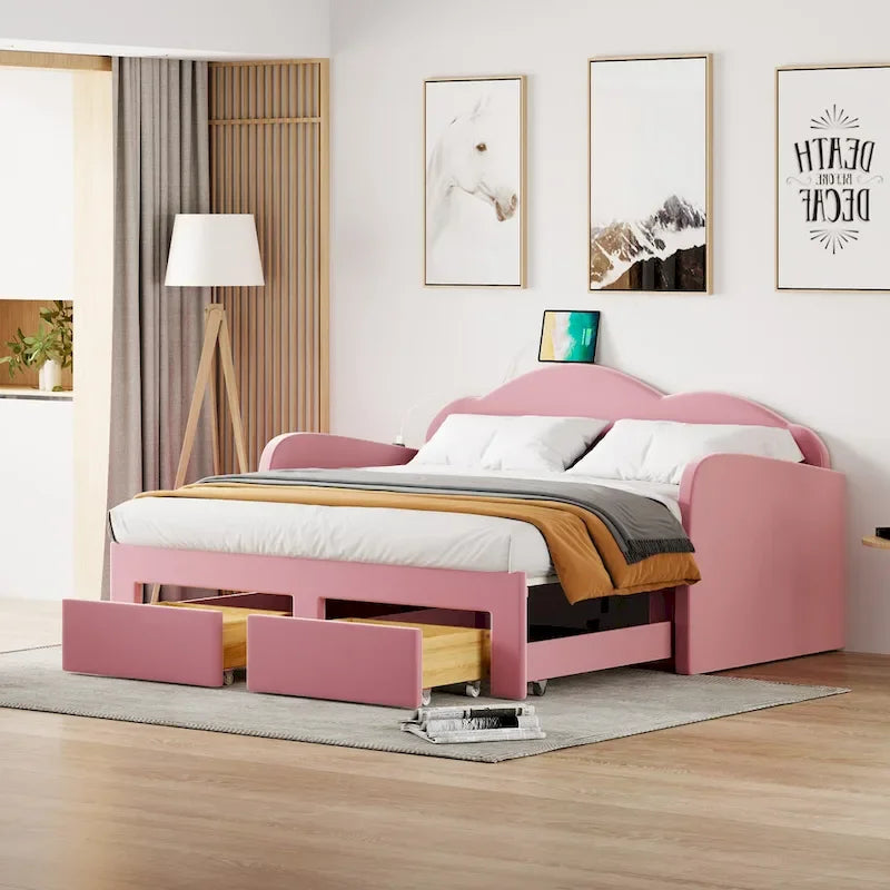 Twin Cloud Velvet Daybed with Trundle, Drawers, and USB
