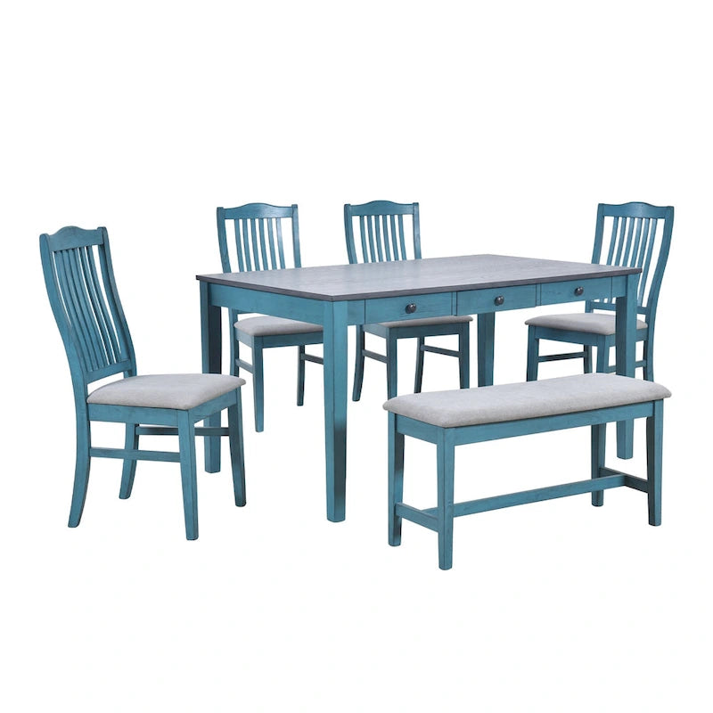 6-Piece Wooden Dining Table Set with 4 Chairs & Bench, Table with Drawer