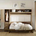 Wood Full Size Murphy Bed with Wardrobe, Drawers & Shelves