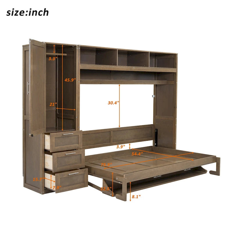 Wood Full Size Murphy Bed with Wardrobe, Drawers & Shelves