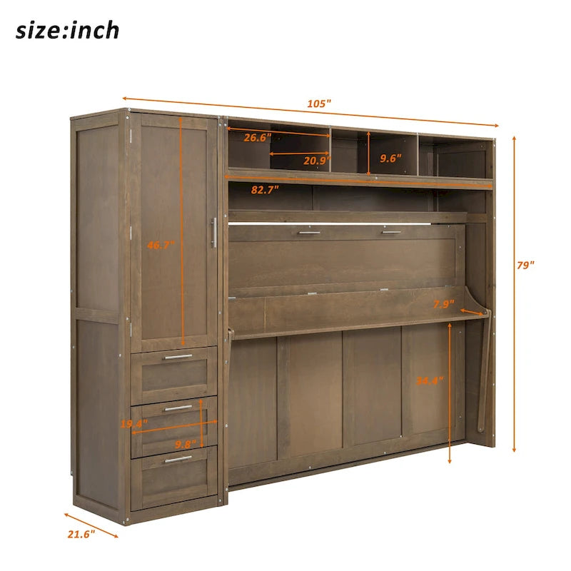 Wood Full Size Murphy Bed with Wardrobe, Drawers & Shelves