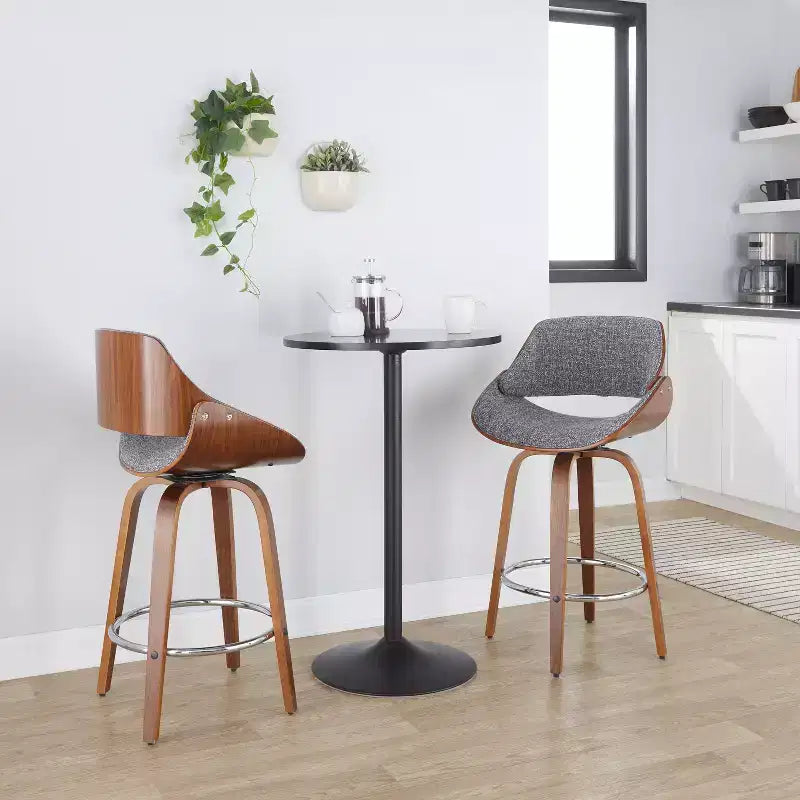Set of 2 Fabrizzi Counter Height Barstools Walnut/Chrome/Gray: Swivel, Upholstered, Wood Frame - LumiSource