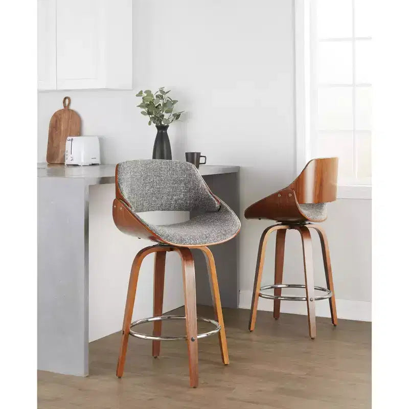 Set of 2 Fabrizzi Counter Height Barstools Walnut/Chrome/Gray: Swivel, Upholstered, Wood Frame - LumiSource