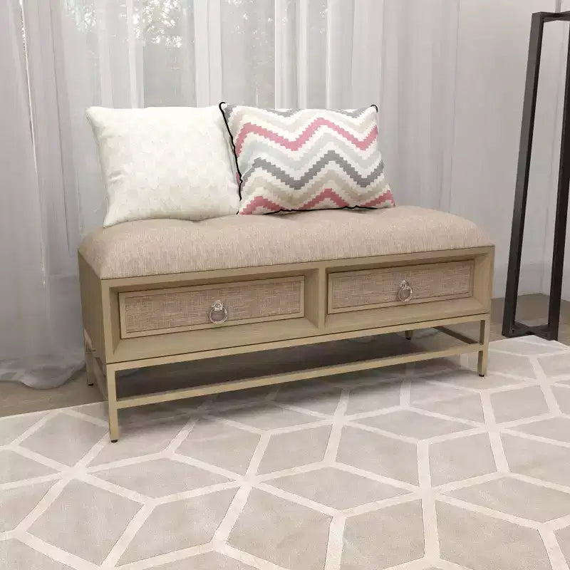 Contemporary Linen Storage Bench Beige - Olivia & May: Tufted Upholstered, Iron & Wood Frame, Stainless Steel Legs, 2-Seater