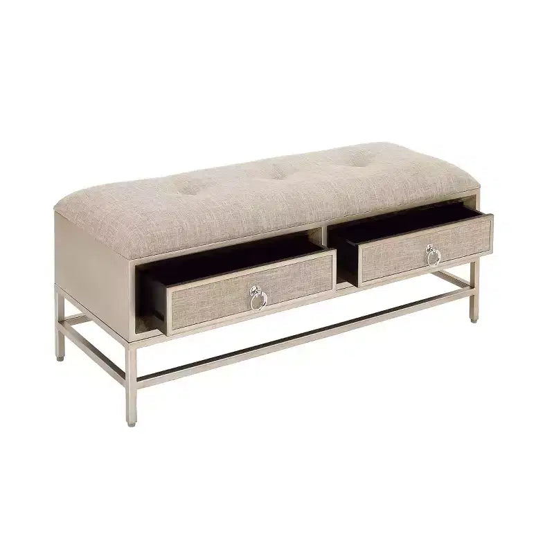 Contemporary Linen Storage Bench Beige - Olivia & May: Tufted Upholstered, Iron & Wood Frame, Stainless Steel Legs, 2-Seater