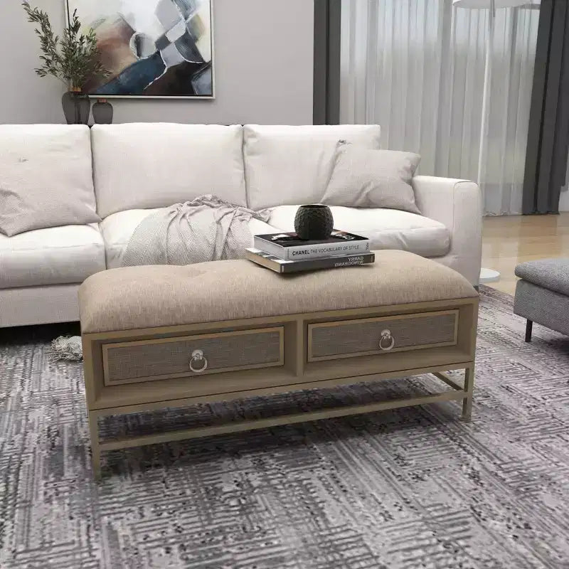 Contemporary Linen Storage Bench Beige - Olivia & May: Tufted Upholstered, Iron & Wood Frame, Stainless Steel Legs, 2-Seater
