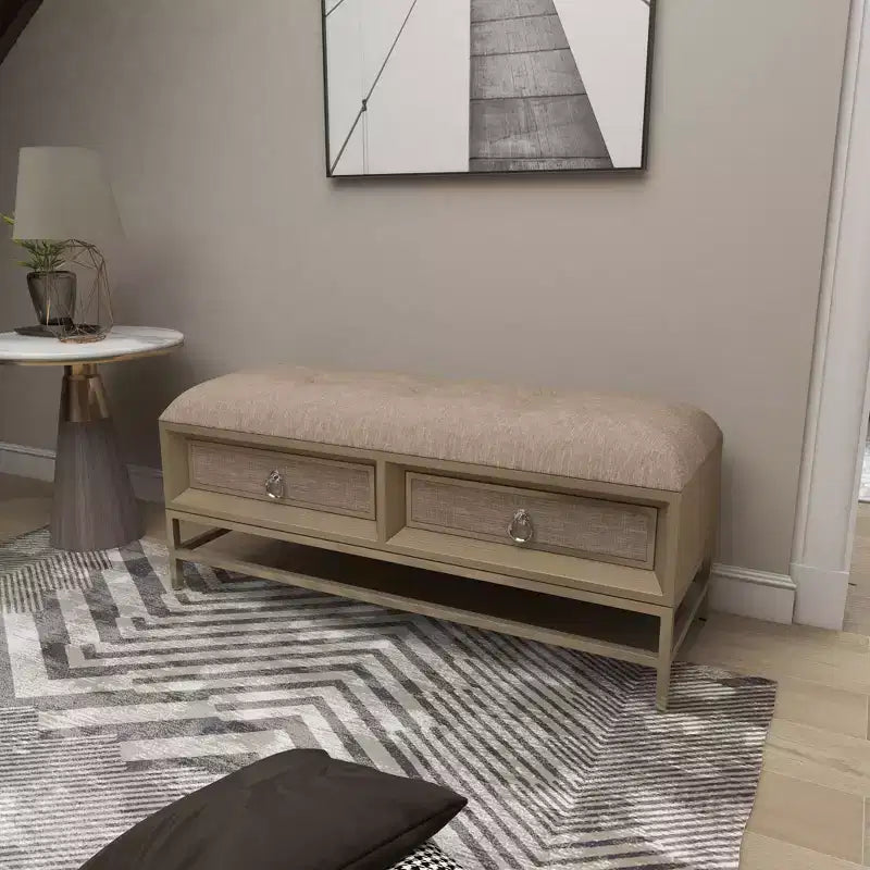 Contemporary Linen Storage Bench Beige - Olivia & May: Tufted Upholstered, Iron & Wood Frame, Stainless Steel Legs, 2-Seater