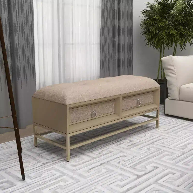 Contemporary Linen Storage Bench Beige - Olivia & May: Tufted Upholstered, Iron & Wood Frame, Stainless Steel Legs, 2-Seater