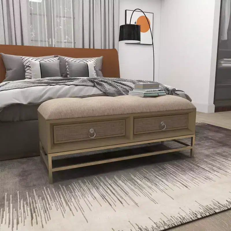 Contemporary Linen Storage Bench Beige - Olivia & May: Tufted Upholstered, Iron & Wood Frame, Stainless Steel Legs, 2-Seater