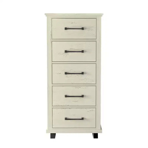 24" Wide Chest of 5 Drawers with Stylish Metal Wood Grain Handles Saw Cut Off-White - Festivo