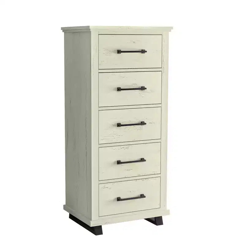 24" Wide Chest of 5 Drawers with Stylish Metal Wood Grain Handles Saw Cut Off-White - Festivo