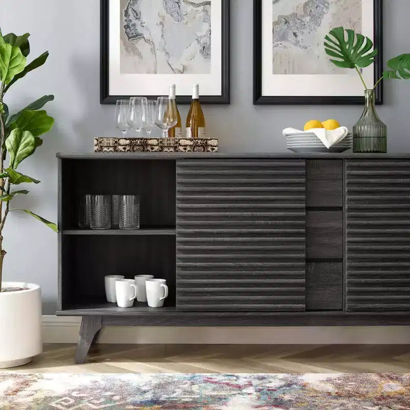 63" Render Sideboard Buffet Table or TV Stand Charcoal - Modway: Mid-Century Modern, Media Storage