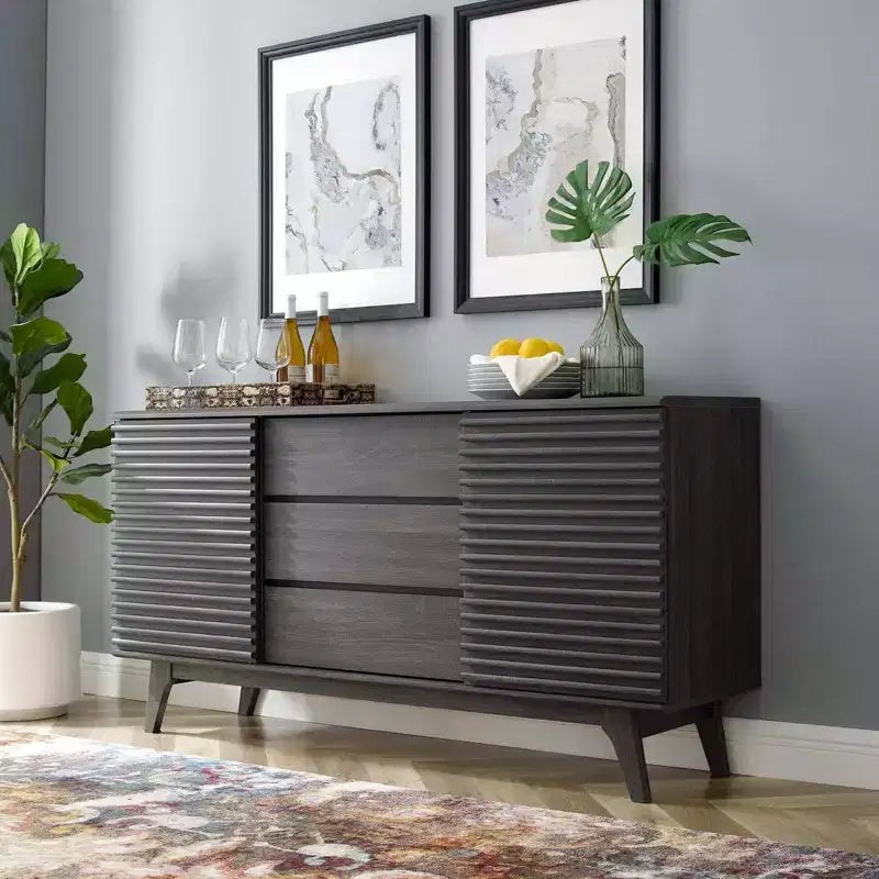 63" Render Sideboard Buffet Table or TV Stand Charcoal - Modway: Mid-Century Modern, Media Storage