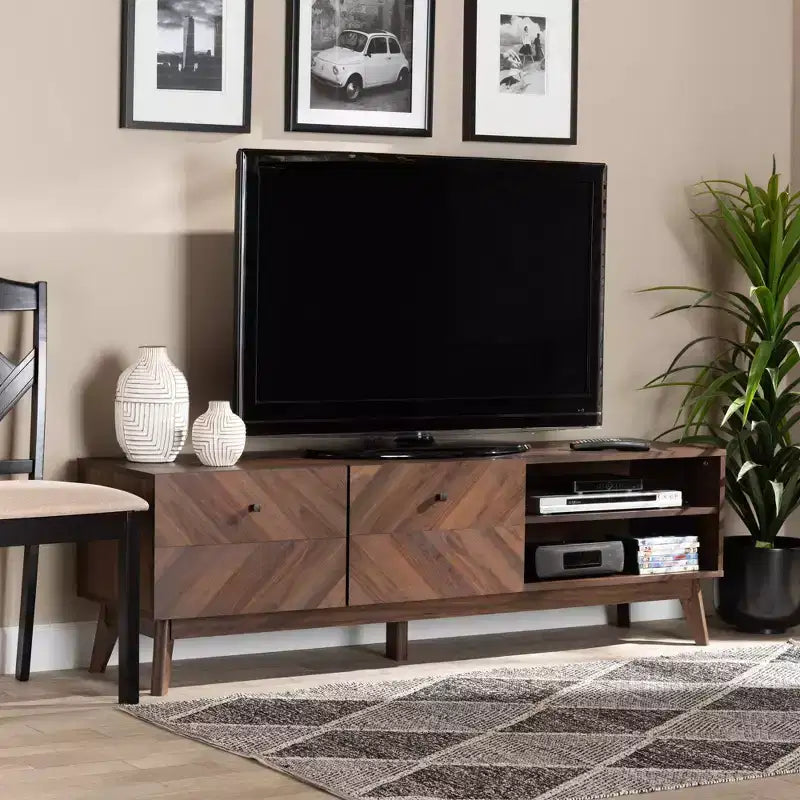 Hartman Wood TV Stand for TVs up to 60" Walnut Brown - Baxton Studio: Entertainment Center with Storage Drawer