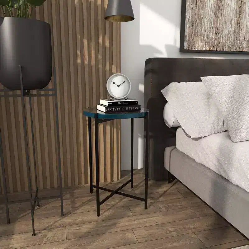 Olivia & May Metal X Shaped Accent Table with Textured Glass Tabletop Black: Contemporary Design, No Assembly Required