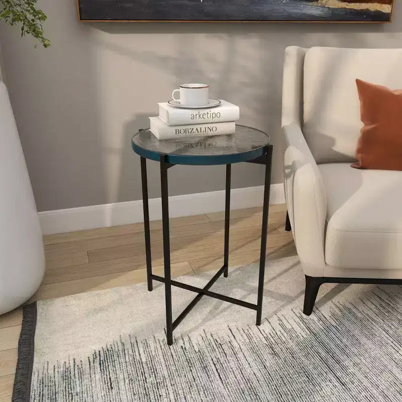 Olivia & May Metal X Shaped Accent Table with Textured Glass Tabletop Black: Contemporary Design, No Assembly Required