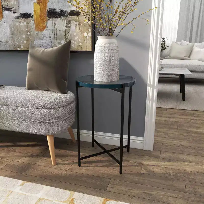 Olivia & May Metal X Shaped Accent Table with Textured Glass Tabletop Black: Contemporary Design, No Assembly Required