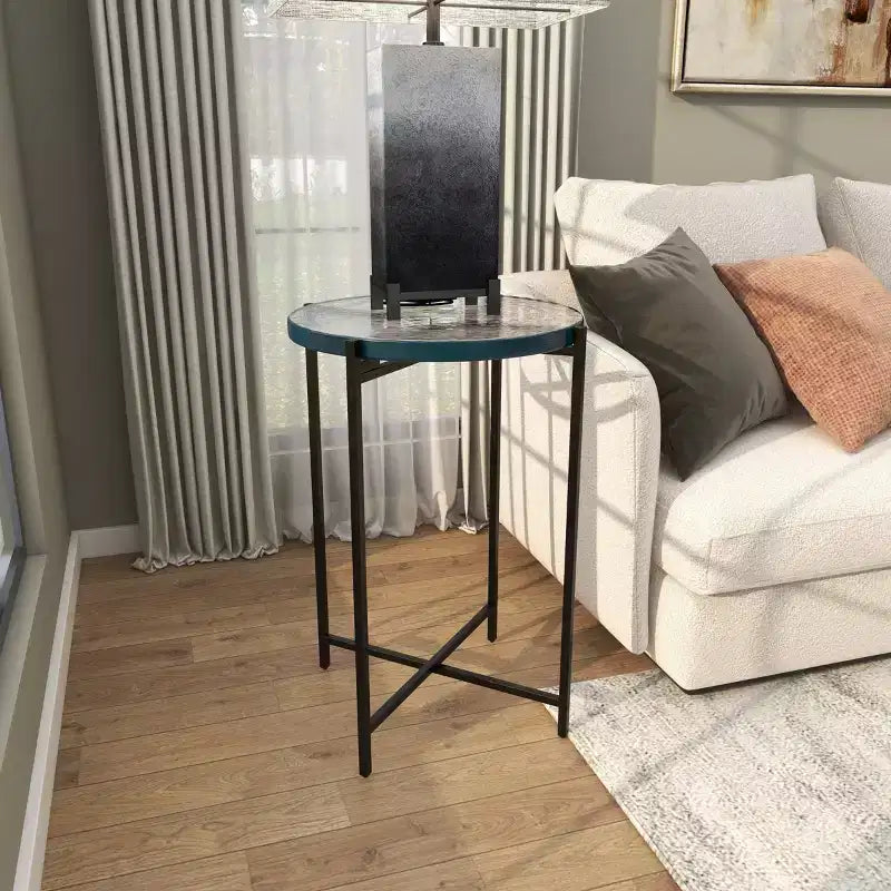 Olivia & May Metal X Shaped Accent Table with Textured Glass Tabletop Black: Contemporary Design, No Assembly Required