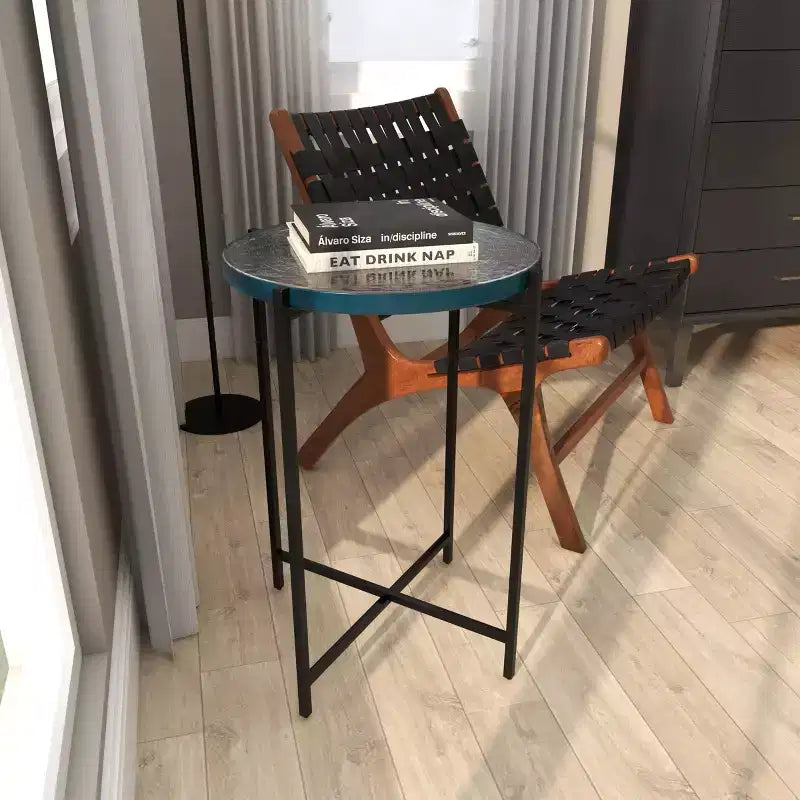 Olivia & May Metal X Shaped Accent Table with Textured Glass Tabletop Black: Contemporary Design, No Assembly Required