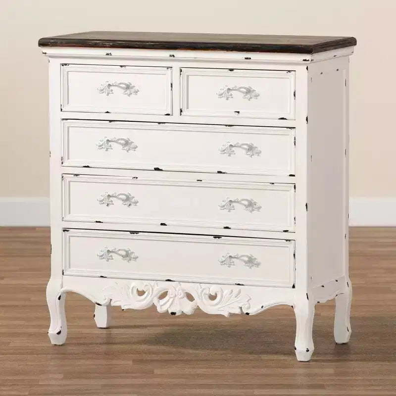 Levron Two-Tone Wood 5 Drawer Storage Cabinet Walnut Brown/White - Baxton Studio