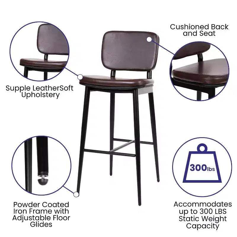 Flash Furniture Kenzie Commercial Grade Mid-Back Barstools - LeatherSoft Upholstery - Iron Frame with Integrated Footrest - Set of 2