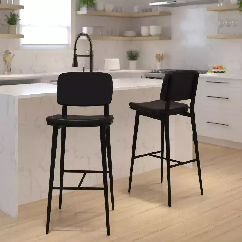 Flash Furniture Kenzie Commercial Grade Mid-Back Barstools - LeatherSoft Upholstery - Iron Frame with Integrated Footrest - Set of 2
