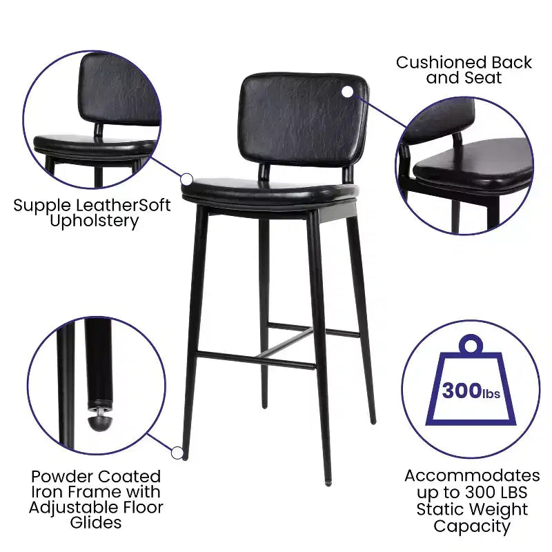 Flash Furniture Kenzie Commercial Grade Mid-Back Barstools - LeatherSoft Upholstery - Iron Frame with Integrated Footrest - Set of 2