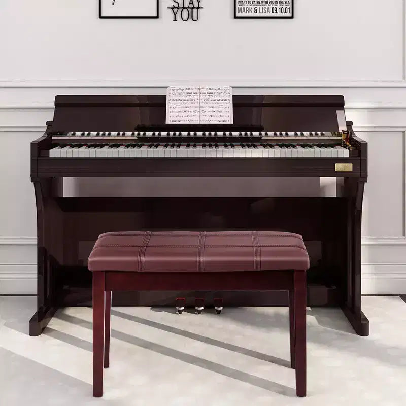 Costway Solid Wood PU Leather Piano Bench Padded Double Duet Keyboard Seat Storage Brown