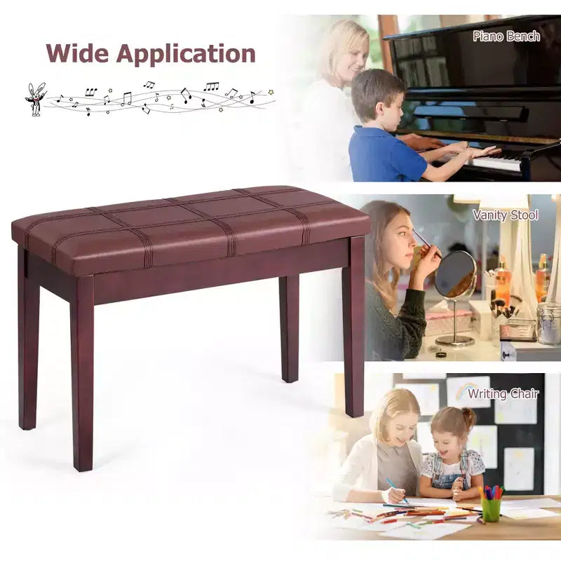 Costway Solid Wood PU Leather Piano Bench Padded Double Duet Keyboard Seat Storage Brown