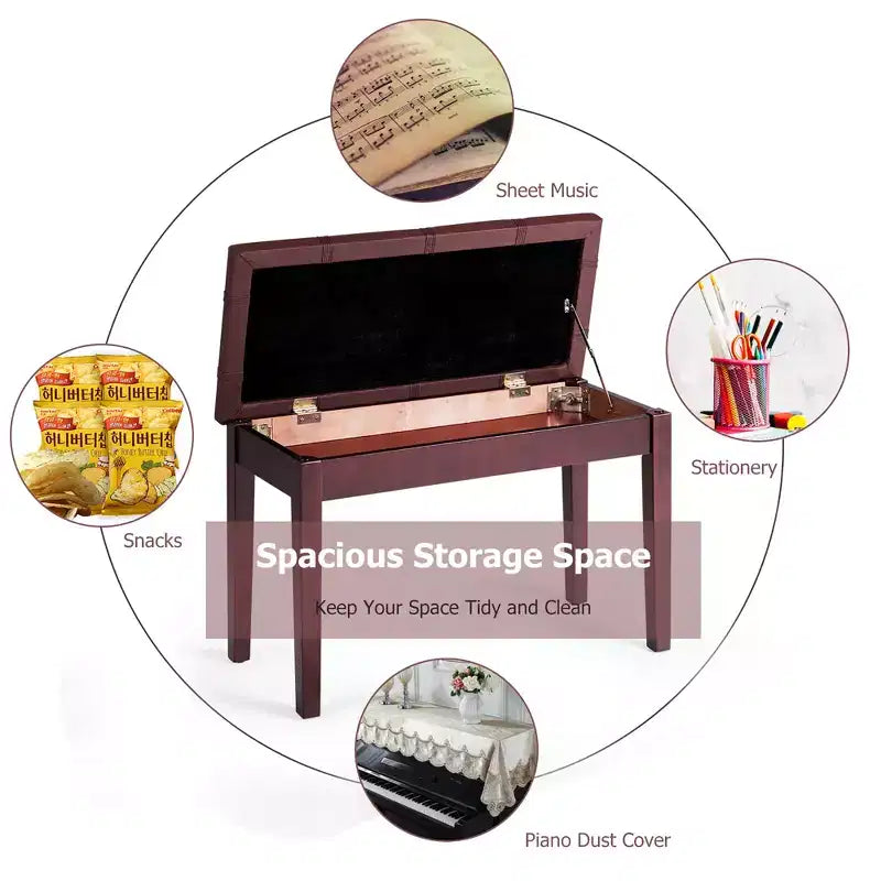 Costway Solid Wood PU Leather Piano Bench Padded Double Duet Keyboard Seat Storage Brown