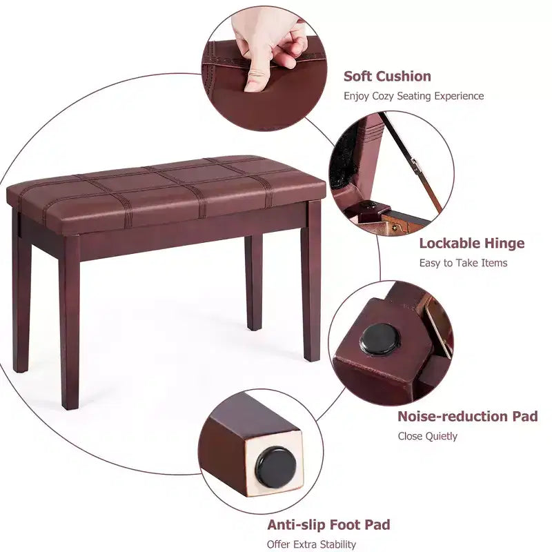 Costway Solid Wood PU Leather Piano Bench Padded Double Duet Keyboard Seat Storage Brown